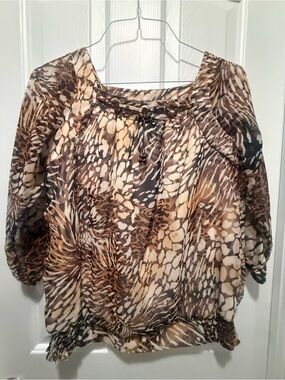 Brown & Cream Printed Peasant Blouse - Womens